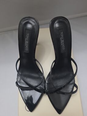 Tony Bianco Black Patent Strappy Pointed-Toe Mule Heels